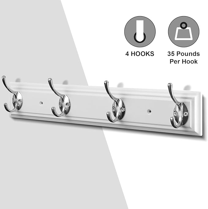 Coat Rack Wall Mounted White, 17" Wooden Modern Wall Coat Hanger with 4 Hooks, Heavy Duty Zinc Alloy Wall Hook Rack for Hanging Coats, Keys, Bags, Great Touch for Bedroom Bathroom Kitchen-NeatNest