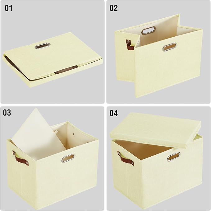 17" Large Collapsible Storage Bins with Lids, Stackable Closet Organizers with PU Handle and Labels, 3-Pack Decorative Fabric Storage Boxes for Home, Bedroom, Closet, Office, Nursery(Beige)-NeatNest