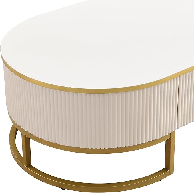 47.2" Modern Oval Coffee Table with Drawers, Curved Profile Design, Gold Metal Decor End Tables Sofa Table for Living Room Office Bedroom Balcony, White & Gold