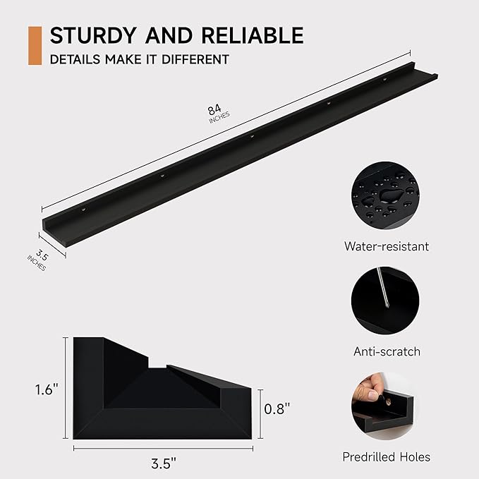 Floating Picture Ledge Shelves for Wall Set of 2, 84 Inches Picture Ledge Shelf with Long Large Nursery Book Shelf for Toys Storage Kids Bookshelf Wall Mounted Living Room Bedroom Decor Frames, Black-NeatNest