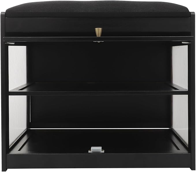Eapmic Shoe Storage Bench, Entryway Shoe Rack Bench with Padded Seat Cushion, 2-Tier Shoe Cabinet, Bamboo Shoe Organizer for Hallway Bedroom Living Room Front Door (Black, 19.69 * 12.6 * 17.32in)