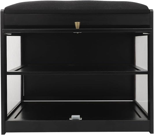 Eapmic Shoe Storage Bench, Entryway Shoe Rack Bench with Padded Seat Cushion, 2-Tier Shoe Cabinet, Bamboo Shoe Organizer for Hallway Bedroom Living Room Front Door (Black, 19.69 * 12.6 * 17.32in)