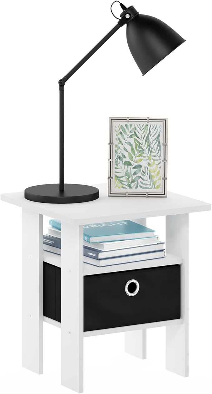 Furinno Andrey End Table Nightstand with Bin Drawer, White/Black
