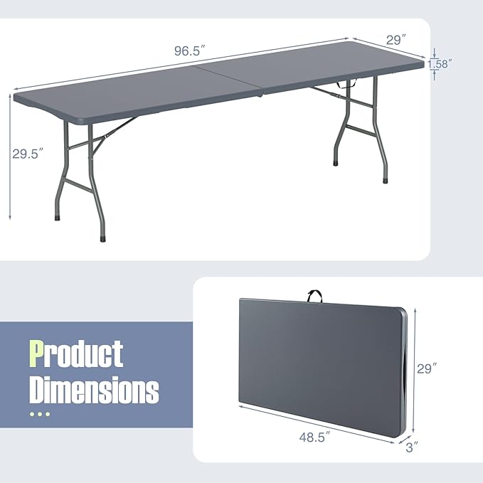 Goplus 8ft Plastic Folding Table, 350 LBS Outdoor Heavy Duty Folding Tables with HDPE Tabletop, Handle, Lock, Foldable Rectangle Portable Utility Card Table for Picnic, Party, Camping, Dining-NeatNest