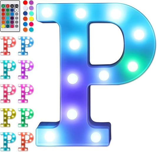 Foaky Colorful LED Letter Lights with Remote,Marquee Light Up Letters Sign for Night Light Wedding/Birthday Party Battery Powered Christmas Lamp Home Bar Decoration(P)-NeatNest
