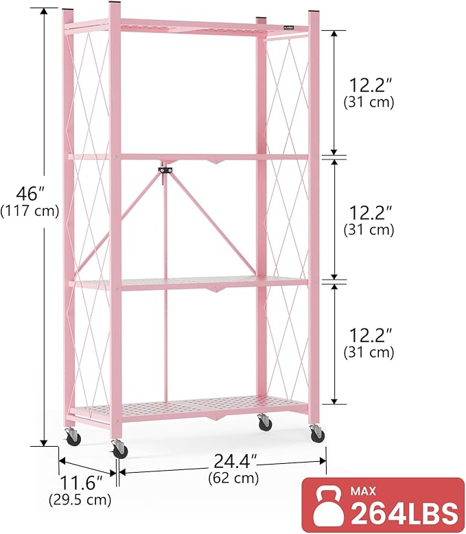 ALANNG 2-Pack Folding Bookshelf on Wheels, Cute Rolling Shelves for Bedroom, Colorful Storage Cart for Kids Rooms, Nursery, No Assembly Metal Book Shelf (4 Tier, Pink)