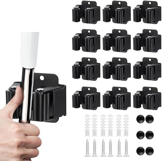 12PCS Broom and Mop Holder, Heavy Duty Garden Tool Organizer Rack Rake and Shovel Handle, Stainless Steel Mop Hanger. Wall Mounted with Screws.Matte Black-NeatNest