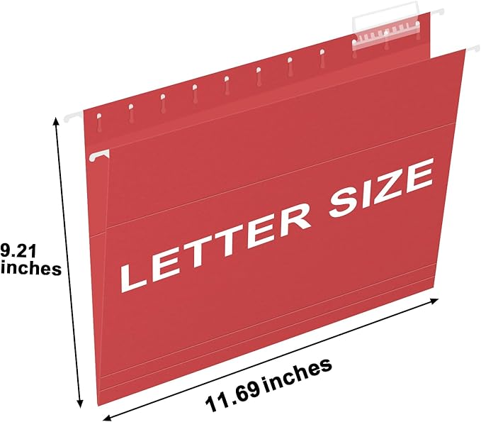 HERKKA Hanging File Folders, 30 Pack Reinforced Letter Size Hanging Folders, Designed for Bulky Files, Filing Cabinet, 1/5-Cut Adjustable Tabs (Red)