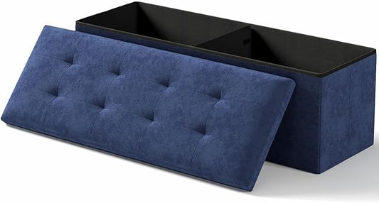 Folding Storage Ottoman Bench, Multi-Functional Ottoman Footrest, End of Bed Bench, Storage Chest for Living Room, Bedroom, Hallway, Entryway, Holds Up to 700 lbs (Navy Blue, 43 Inches)
