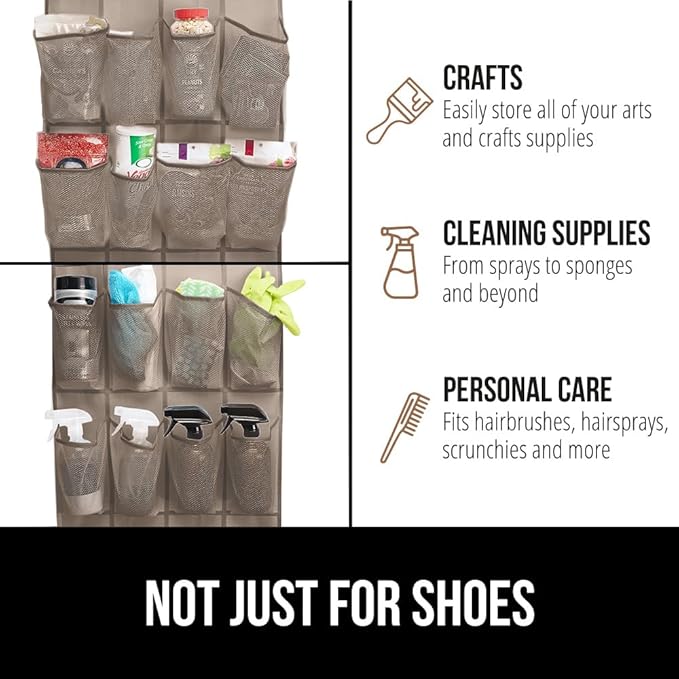 GORILLA GRIP Over the Door Shoe Organizer, 24 Large Breathable Mesh Pockets, Space Saving Hanging Storage Holder, Closet Rack Hanger Holds Up to 40 lbs, Hangs on Closets for Shoes, Accessories, Beige-NeatNest