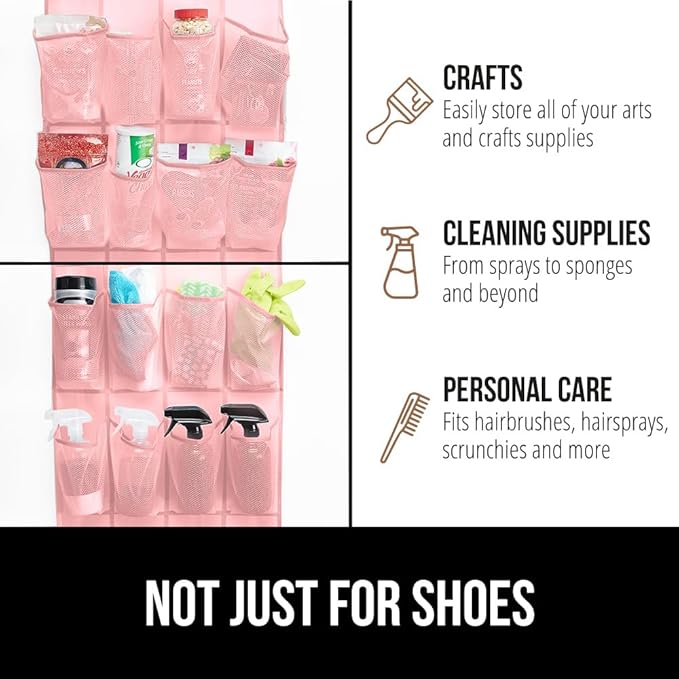 GORILLA GRIP Over the Door Shoe Organizer, 24 Large Breathable Mesh Pockets, Space Saving Hanging Storage Holder, Closet Rack Hanger Holds Up to 40 lbs, Hangs on Closets for Shoes, Accessories, Pink-NeatNest