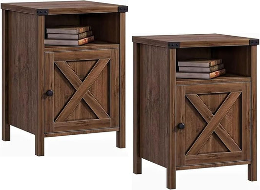 Catrimown Farmhouse, End Table, Nightstand, Side Table, Set of 2 End Table with Barn Door and Shelf, Rustic Oak Nightstand Set of 2, Bed Side Table End Tables for Living Room, Bedroom Room, Oak-NeatNest