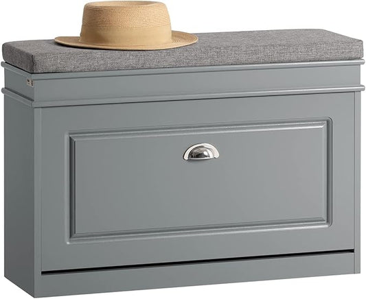 Haotian Shoe Storage Bench with Cushion, Grey Narrow Shoe Rack for Entryway, Small Shoe Cabinet with 2 Tiers Flip-Drawer, Closet Hallway Mudroom FSR82-L-HG-NeatNest