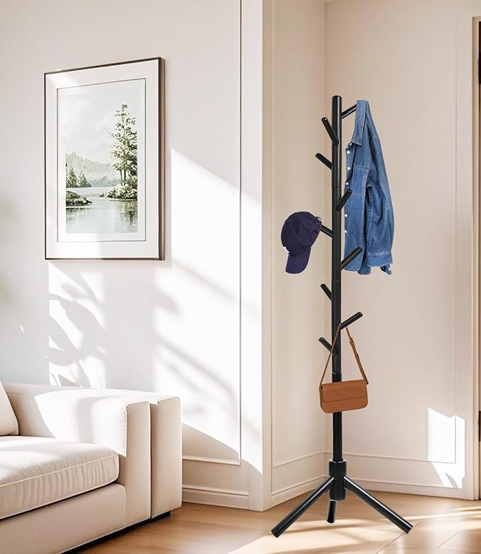 Beech Wood Coat Rack Stand with 9 Hooks, 3 Height Adjustable, simple Freestanding Solid Wooden Coat Tree Hanger for Clothes, Hats, Scarves, bags, Jackets, Bedroom, livingromm, Office (Black)-NeatNest