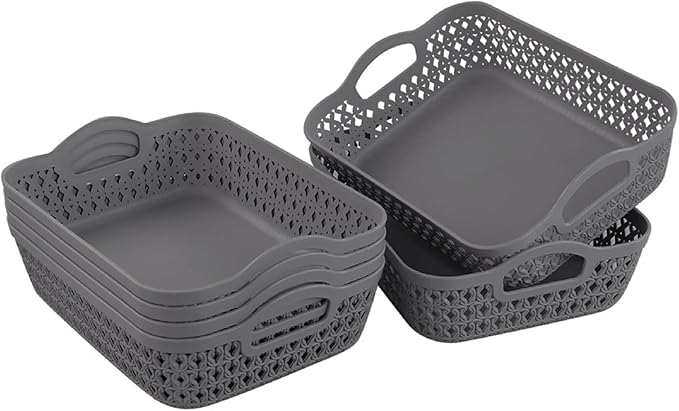 Kekow Small Plastic Storage Basket Tray with Handle, 6-Pack, Gray-NeatNest