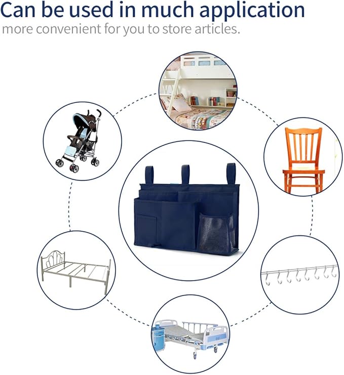 Bseash Bunk Bed Organizer, Bedside Caddy Hanging Bed Organizer Storage Bag 8 Pockets, for College Dorm Rooms Bed, Hospital Bed, Baby Bed Rails, 600D Oxford Cloth (Navy Blue)-NeatNest
