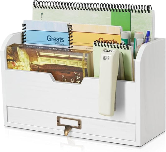 Flexzion 3 Tier Wooden Desk Organizer - Country Rustic Mail Organizer Countertop Compartments Slot File Tray Pencil Sorter Shelf Holder Accessories Set with Storage Drawer for Home Office, Beige Wood-NeatNest