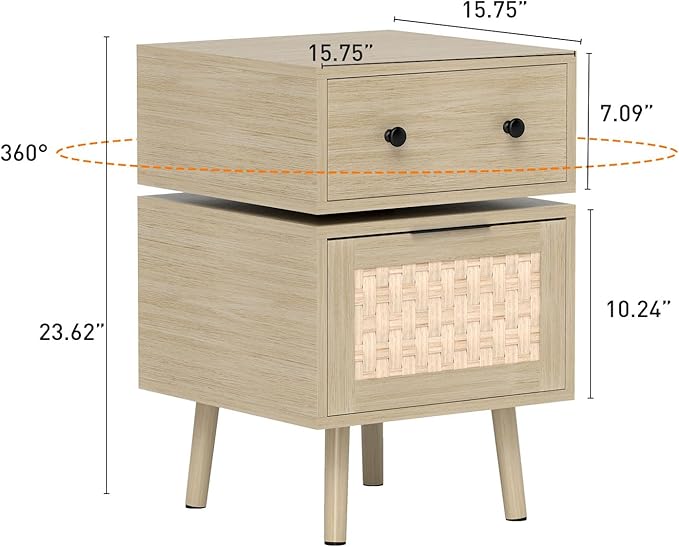 Bonzy Home Nightstand with Storage, 23" Side Table with Woven Doors, Bedside Table with 360° Rotating for Living Room, Bedroom, Oak-NeatNest