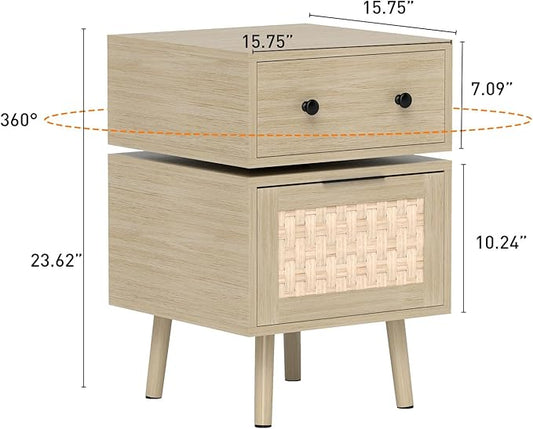 Bonzy Home Nightstand with Storage, 23" Side Table with Woven Doors, Bedside Table with 360° Rotating for Living Room, Bedroom, Oak-NeatNest