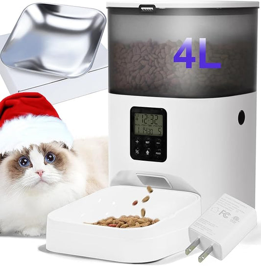 Automatic Cat Feeder, 4L Cat Food Dispenser with 10s Voice Recorder, Pet Feeder up to 8 Meals per Day, Timed Cat Feeder with Dry Food Sealed Ring (Jade White, 4L)-NeatNest
