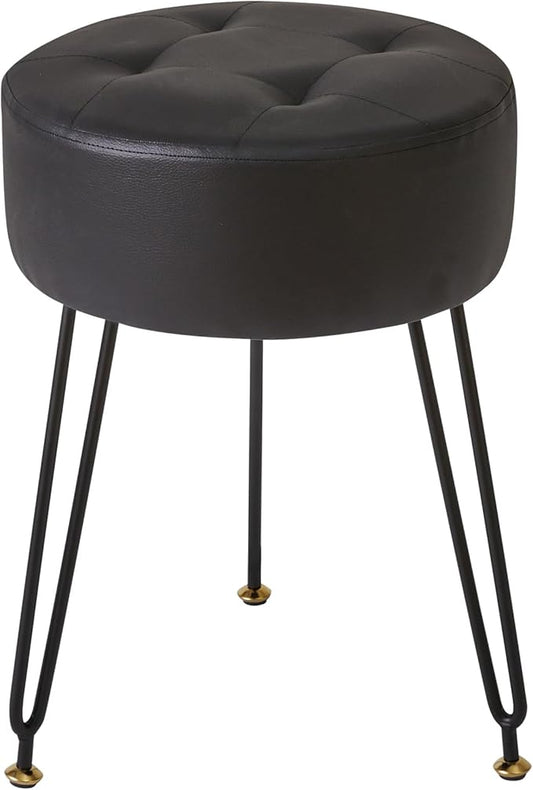 IBUYKE Faux Leather Round Footrest Stool, Makeup Vanity Stool Side Table, PU Dressing Table Seat, Pouf Couch Stool, Golden Steel Legs, Black LG-31B