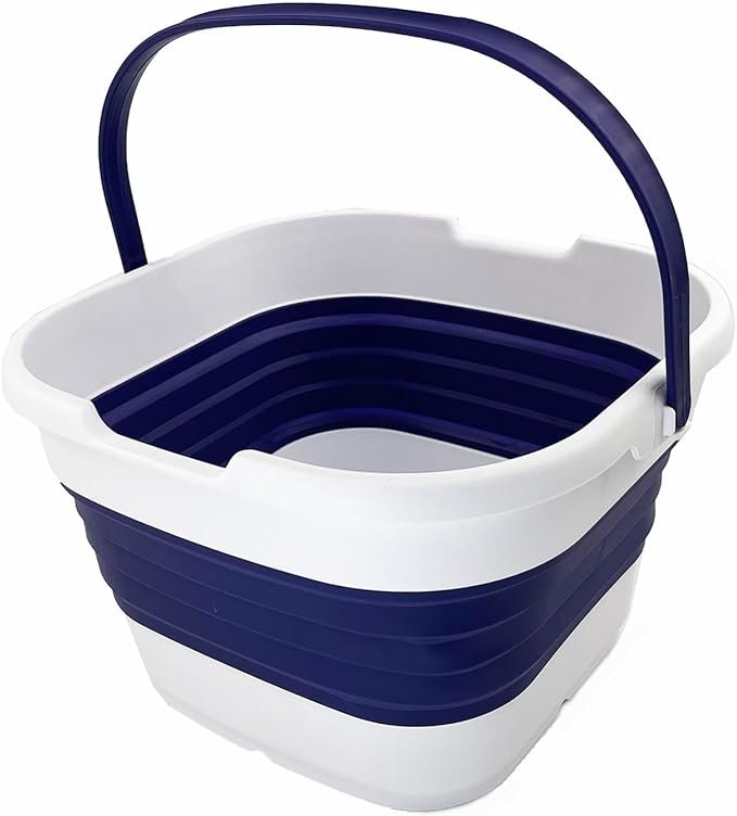 SAMMART 9.5L (2.5 Gallon) Collapsible Rectangular Handy Basket/Bucket (White/Navy Blue)-NeatNest