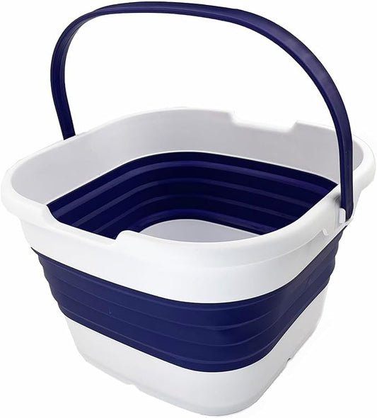 SAMMART 9.5L (2.5 Gallon) Collapsible Rectangular Handy Basket/Bucket (White/Navy Blue)-NeatNest