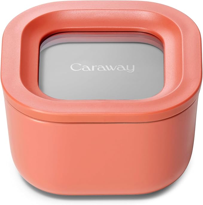Caraway Mini Square Food Storage Container - 1.75 Cup Glass Storage Container for Food - Non-Toxic Ceramic-Coated Glass - Air Release Technology - Compact & Stackable Design - Perracotta-NeatNest