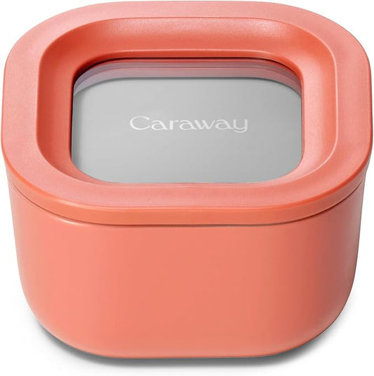 Caraway Mini Square Food Storage Container - 1.75 Cup Glass Storage Container for Food - Non-Toxic Ceramic-Coated Glass - Air Release Technology - Compact & Stackable Design - Perracotta-NeatNest