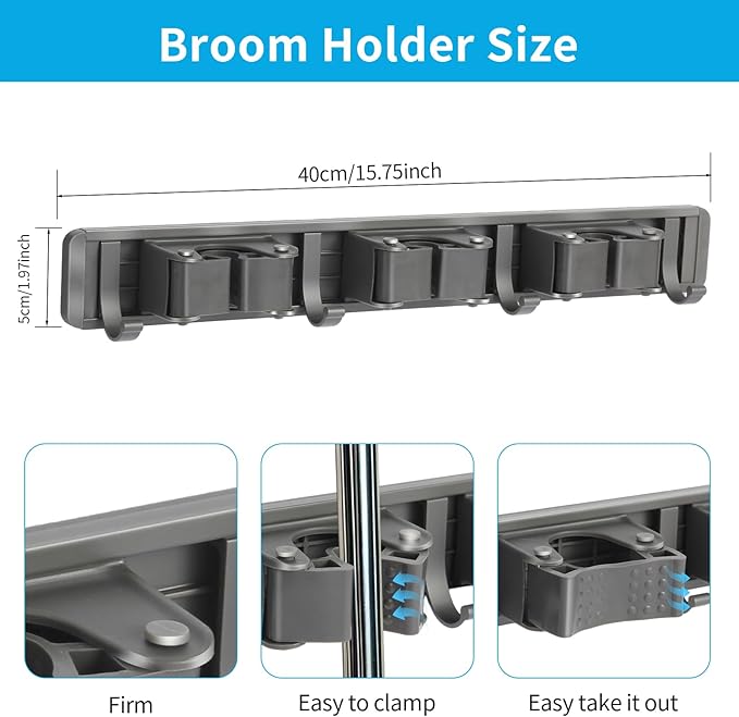 Broom Holder Wall Mount, Aluminum Mop and Broom Holder Hanger with 3 Racks and 4 Hooks, Mop Holder for Laundry Garage Tool Organization-NeatNest