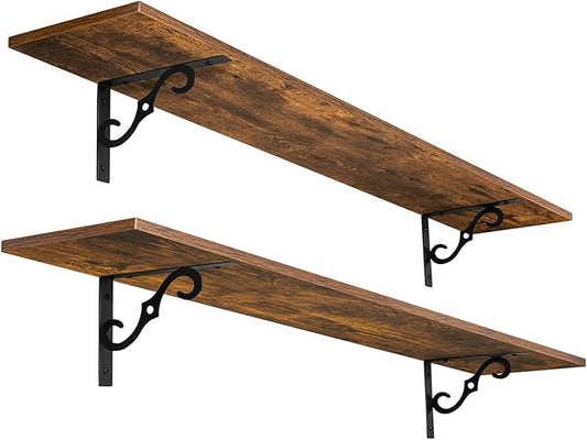 DINZI LVJ Long Wall Shelves, 55.1" Large Floating Shelves Set of 2, Wide Display Shelf Wall Mounted with Brackets, Easy Hanging for Living Room, Toilet, Office, Bedroom, Rustic Brown-NeatNest