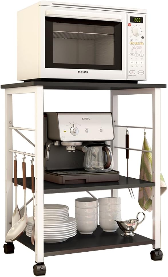 soges 3-Tier Kitchen Baker's Rack, Utility Microwave Oven Stand Cart with Storage Shelves, Small Coffee Cart Station on Wheels, Black W4-BK-N