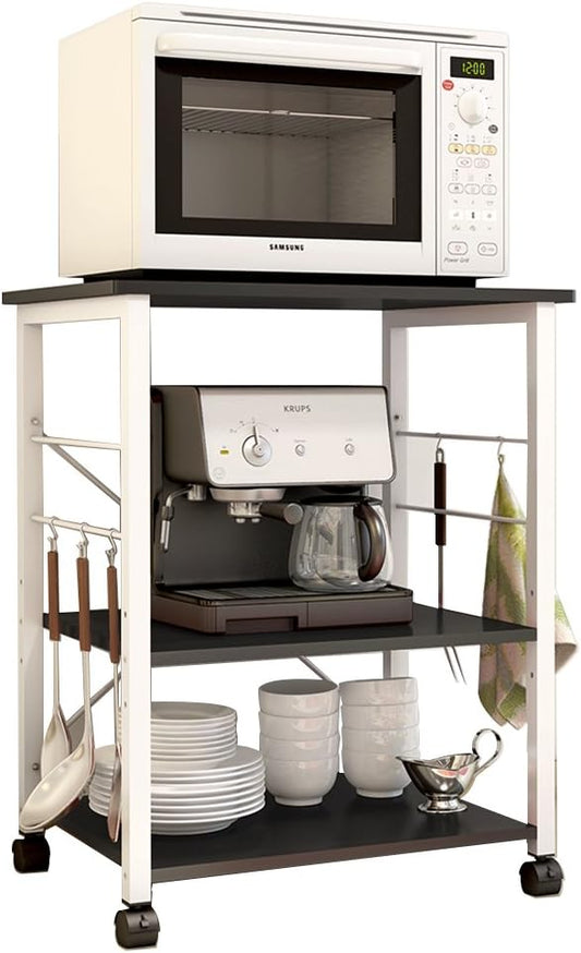 soges 3-Tier Kitchen Baker's Rack, Utility Microwave Oven Stand Cart with Storage Shelves, Small Coffee Cart Station on Wheels, Black W4-BK-N