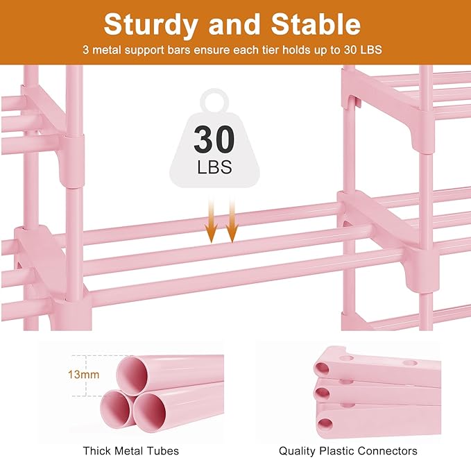 WOWLIVE 9 Tiers Large Shoe Rack Storage Organizer for Closet 50-55 Pairs Shoe Tower Unit Shelf Stackable Shoe Rack with Metal Pipes Plastic Connectors Pink-NeatNest