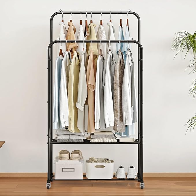 Clothes Rack with Wheels Garment Rack for Hanging Heavy-Duty Clothing Rack Metal Rolling Clothes Shelves for Bedroom, Closet (Black)-NeatNest