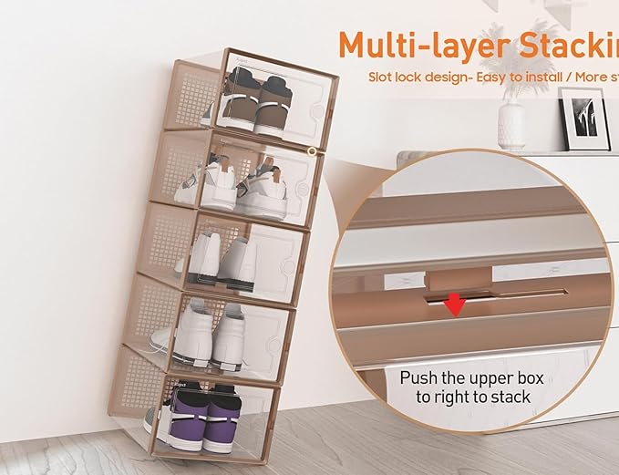 Kuject X-Large Shoe Storage Boxes Organizers for Closet 12 Pack, Fit Size 11,Clear Plastic Stackable Sneaker Containers for Entryway, Space Saving Shoe Rack,Substitute for Drawer Organize Unit, Brown-NeatNest