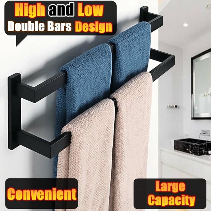 Alise Bath Double Towel Bars,Black Towel Holder Towel Racks for Bathroom Lavatory,Wall Mount Towel Hanger SUS304 Stainless Steel Towel Rail,GOY2400-B Matte Black 16 Inch