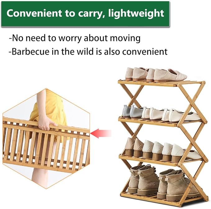 4 Tier Bamboo Shoe Rack,Portable Folding Shoe Storage Rack,Without Installation Small Shoe Rack Perfect for Corridors, Bedrooms and Small Spaces (4 Tier)-NeatNest