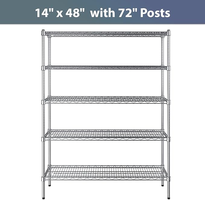 14" x 48" NSF Chrome 5-Shelf Kit with 72" Posts, Commercial Storage Rack Unit, Heavy Duty Storage Shelving, Wire Shelving Kit, Adjustable Rack Strong Steel, Multipurpose Wire Shelf