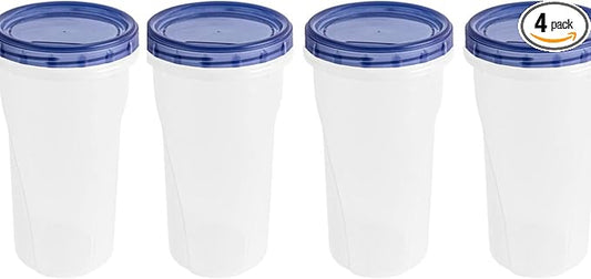 HomeyGear [48 Oz - Blue - 4 Pk] Large Deli Food Storage Screw And Seal Containers 48 Oz Stackable Reusable Mirowave Dishwasher Safe Quality Plastic Twist Cap Canisters 4 Pack