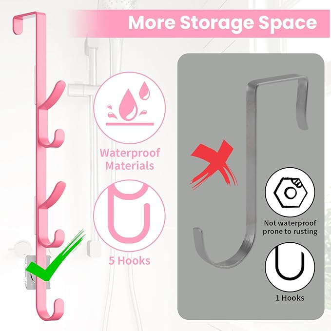 Over The Door Hooks, Metal Door Hooks for Hanging, Over The Door Purse Organizer for Door Coat Hanger, Back of Shower for Hanging Towel Rack Clothes, Hat, Bathroom, Closet (Pink-2Packs)