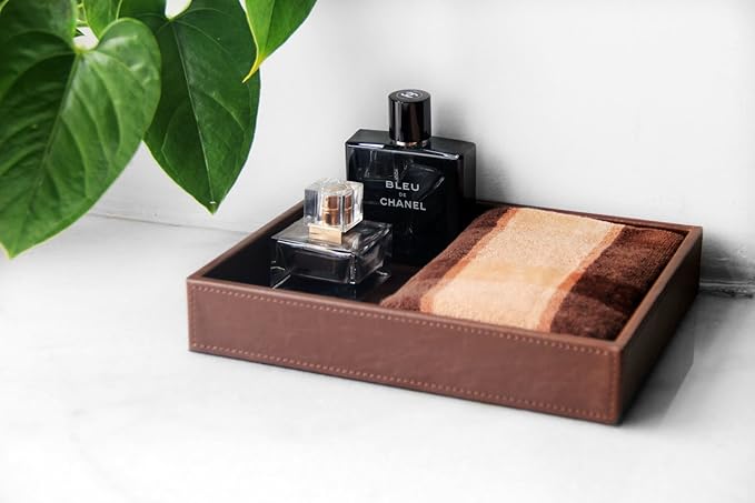 HofferRuffer Decorative Vanity Tray, Desktop Storage Organizer, Catchall Tray, Valet Tray, Nightstand or Dresser Organizer, PU Faux Leather Bathroom Tray, Brown, 10.2 x 8.4 x 1.8 inches-NeatNest