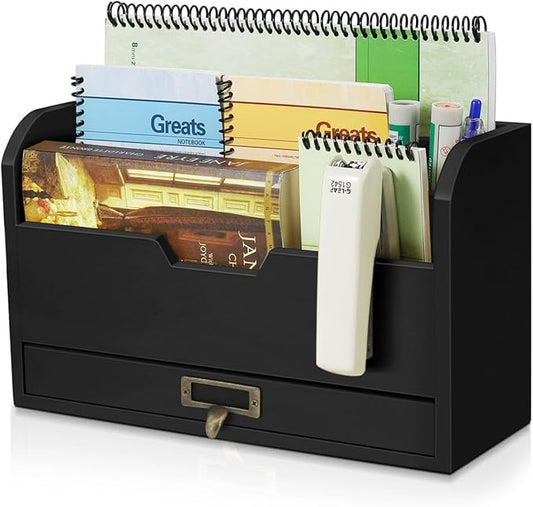 Flexzion 3 Tier Wooden Desk Organizer - Country Rustic Mail Organizer Countertop Compartments Slot File Tray Pencil Sorter Shelf Holder Accessories Set with Storage Drawer for Home Office, Light Brown-NeatNest