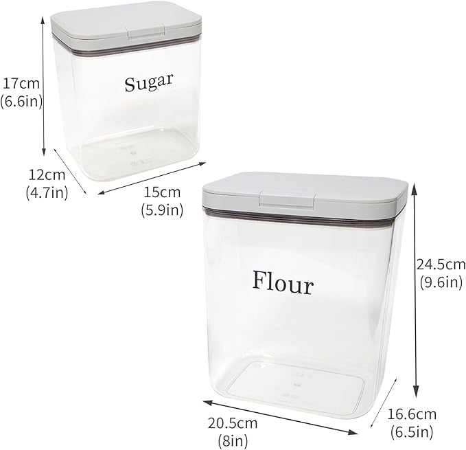 Flour Sugar Storage Containers 2 Pc,Airtight Food Containers Storage with One-Press Lid,BPA Free Pantry Organizers Storing with Scoop and Ceasuring Cups for Kitchen,Cereal,Rice,Pasta,Baking Supplies