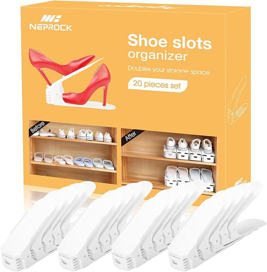 Neprock Shoe Slots Organizer, 20 Pack Adjustable Shoe Rack Stacker Storage Space Saver, Double Deck Shoe Rack Holder for Closet Organization (White)-NeatNest