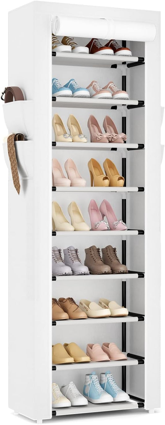 Shoe Rack with Cover Narrow Shoe Rack Organizer with 4 Side Pockets 10 Tier Tall Shoe Storage Shoe Shelf Holds 18-22 Pairs Shoes and Boots Shoe Rack for Closet, White-NeatNest