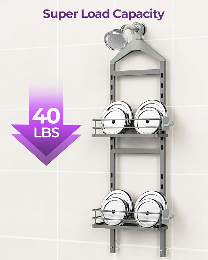 ODesign 2 Tier Height-Adjustable Shower Caddy Hanging Anti-Swing-Over The Shower Head Caddy-Showe r Storage Organizer Bathroom Shelves Basket Caddies-Grey