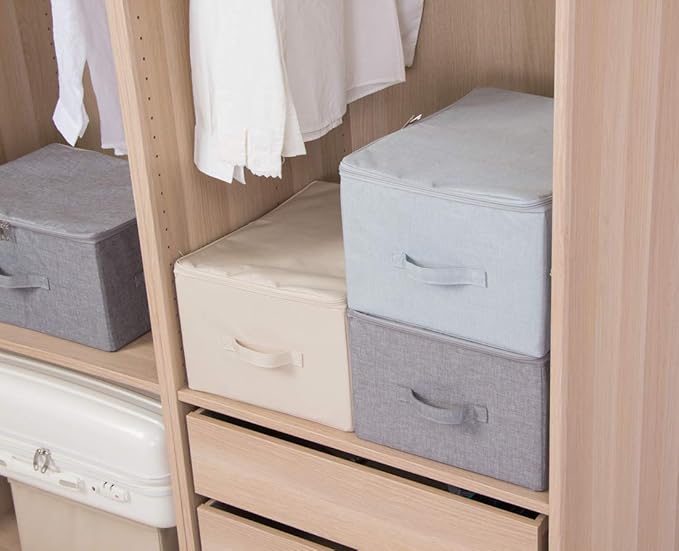 Collapsible Rigid Storage Bins with Lid, Shelves Clothes Storage Cubes, Tide Up Your Wardrobe, Beige, Set of 2-NeatNest