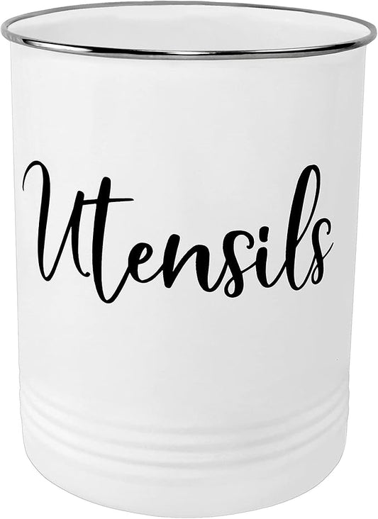 Home Acre Designs Vintage Farmhouse Utensil Holder - Stylish Countertop Organizer and Kitchen Decor Caddy - Stainless Steel Rim - White-NeatNest