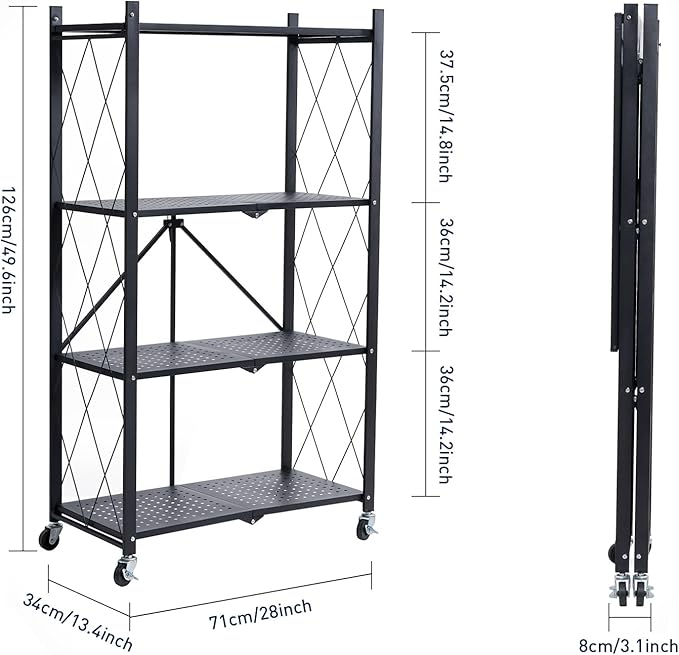 BRIAN & DANY 4-Shelf Foldable Storage Shelves with Wheels, Folding Metal Rack Shelving Unit, Heavy Duty No Assembly Organizer Shelf for Garage, Kitchen, Basement, Pantry, Black-NeatNest